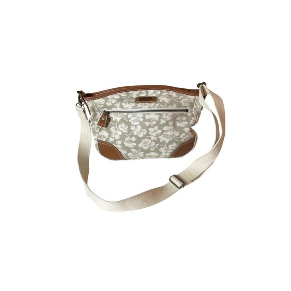Liz Claiborne Floral Canvas Shoulder Bag Adjustable Strap White Beige Brown - Picture 1 of 12